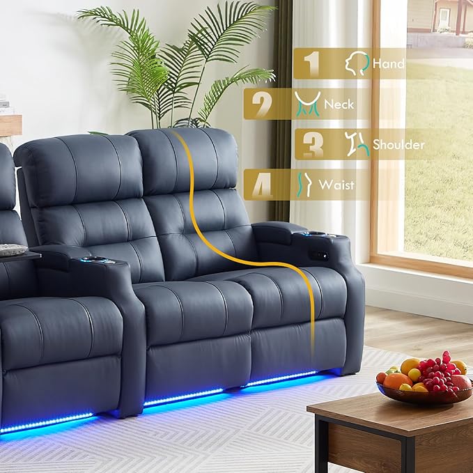 Weilianda Home Theater Seating, Top Grain Leather Sectional Seats Recliner Chair, Zero Gravity Reclining Sofa with Power Headrest 7 Colors Ambient Lighting USB C Charge Row of 3 Loveseat Left Blue