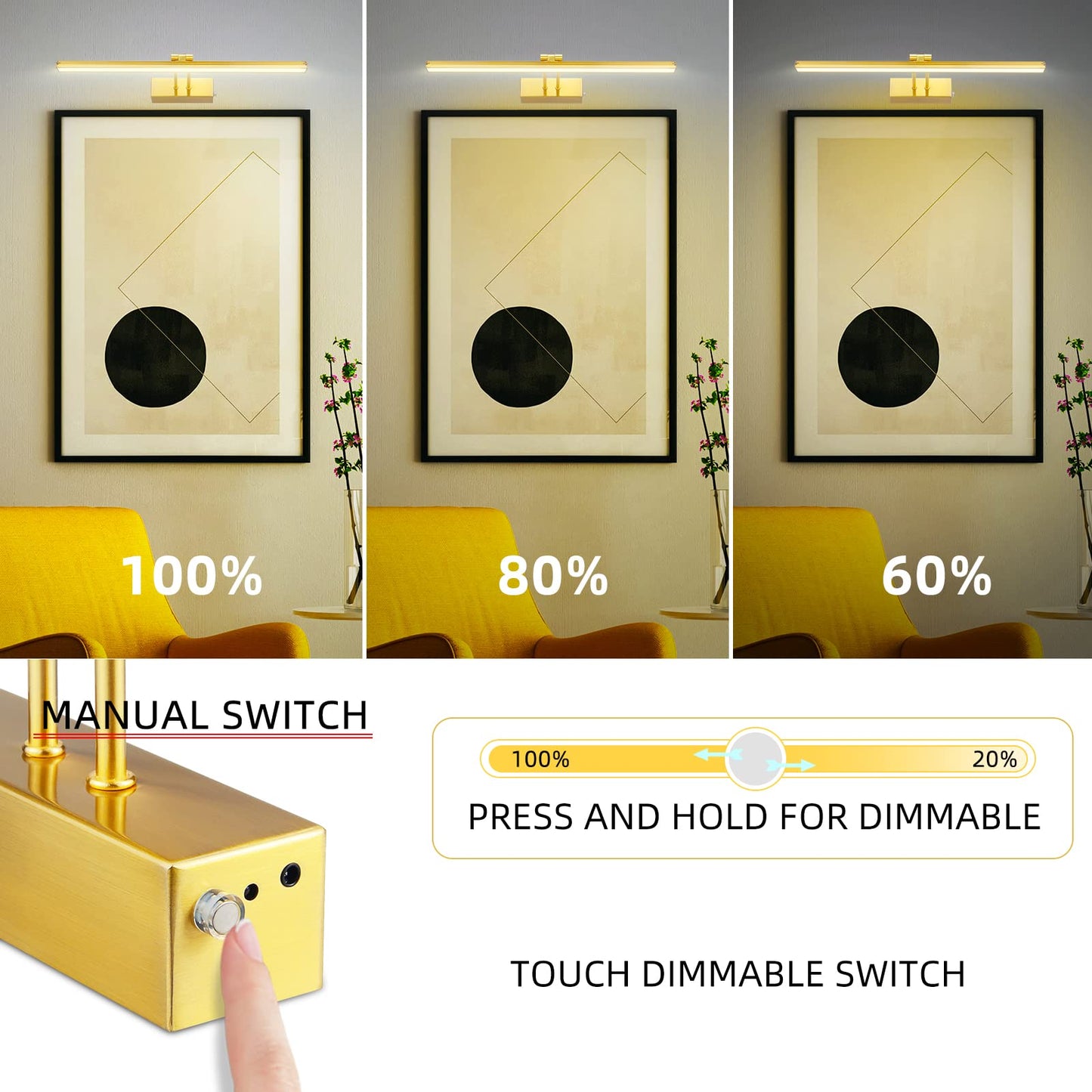 FUNCHDAY Picture Light,Battery Art Lights for Wall,Wireless Remote Painting Light with Timer and Dimmable,13”Metal Display Lighting for Artwork,Portrait,Gallery(Brass)