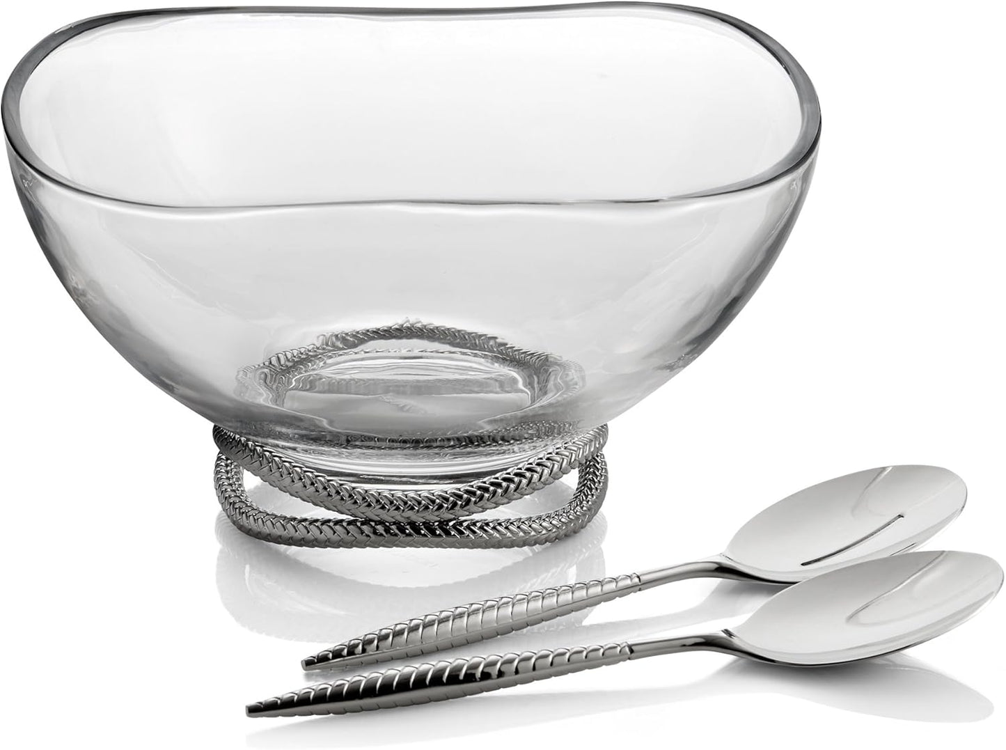 Nambe Braid 12" Glass Salad Bowl with Servers - Chrome Plated Decorative Serving Bowl with 10.5” Stainless Steel Spoons - Modern Dining Table Centerpiece - Ideal Gift for Weddings & Housewarming