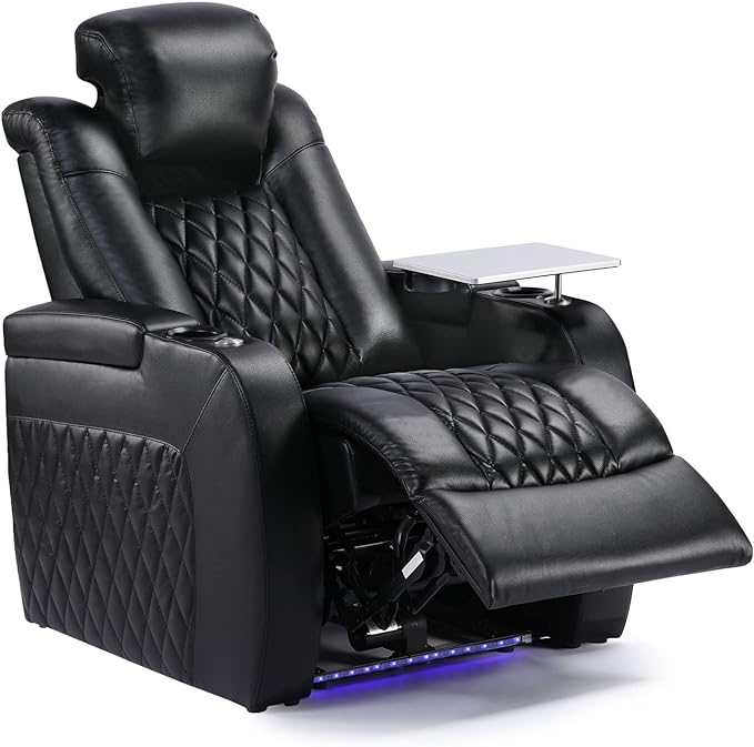 Weilianda Home Theater Seating Top Grain Leather Recliner Chair Power Headrest and Recline Movie Seats Gaming Sofa with Tray Table Type-C USB Charge Cup Holders Row of 1 Black