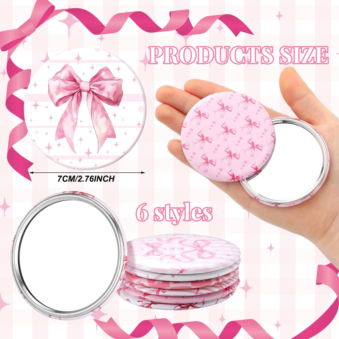 Geelin 24 Pcs Pink Compact Mirror Bulk Coquette Portable Aesthetic Mini Mirror Bulk Pink Bow Party Favors for Purse Pocket Trave