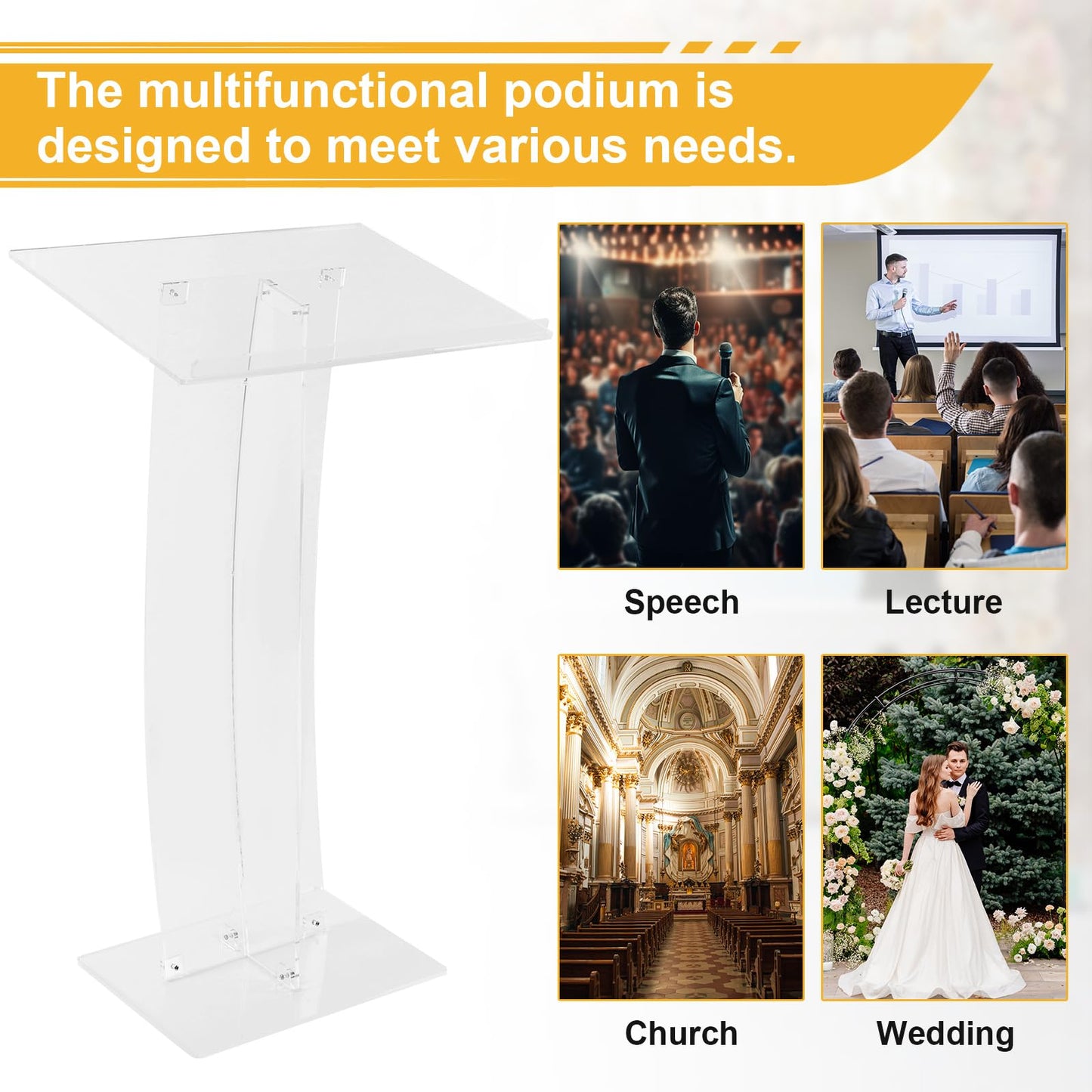 43.31 Inch Acrylic Clear Stand Up Church Pulpit Transparent Churches Lecterns Portable Hostess Stand for Classroom/Wedding/Conference/Lecture/Concert