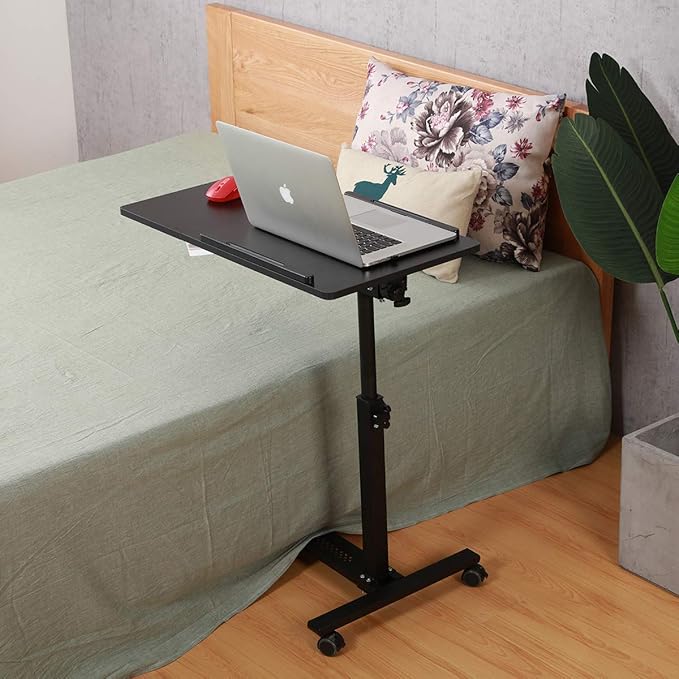 TigerDad Over Bed Table with Wheels Adjustable | Rolling Laptop Table Overbed Desk Hospital Tray Table Sofa Chair Side Table (Black)