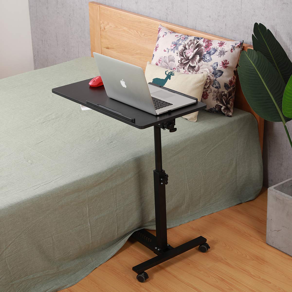 TigerDad Over Bed Table with Wheels Adjustable | Rolling Laptop Table Overbed Desk Hospital Tray Table Sofa Chair Side Table (Black)