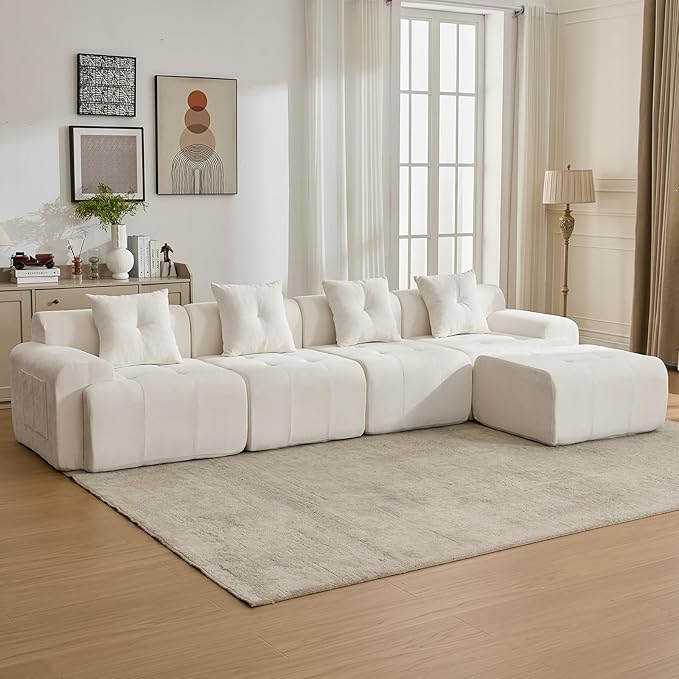 YAAREE 129.23”Modular Sectional Couch for Living Room, Modren L-Shape Cloud Sectional 4-Seater Sofa with Movable Ottoman, Woven Texture Upholstery Boneless Couch, No Assembly, Beige