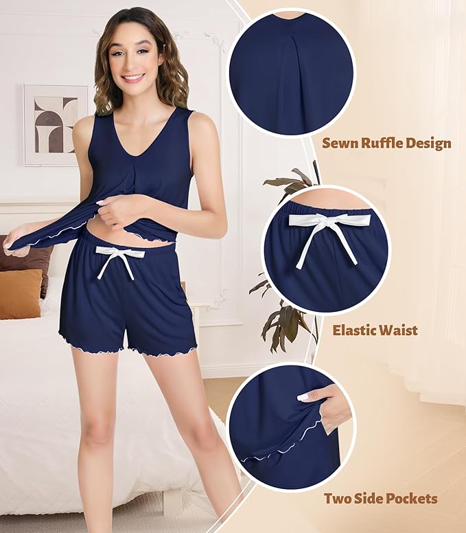 NACHILA Pajamas for Women-Viscose from Bamboo, Ribbed Racerback Tank Top Sexy Split Shorts Pajama Sets Cooling Sleep Cami Pjs