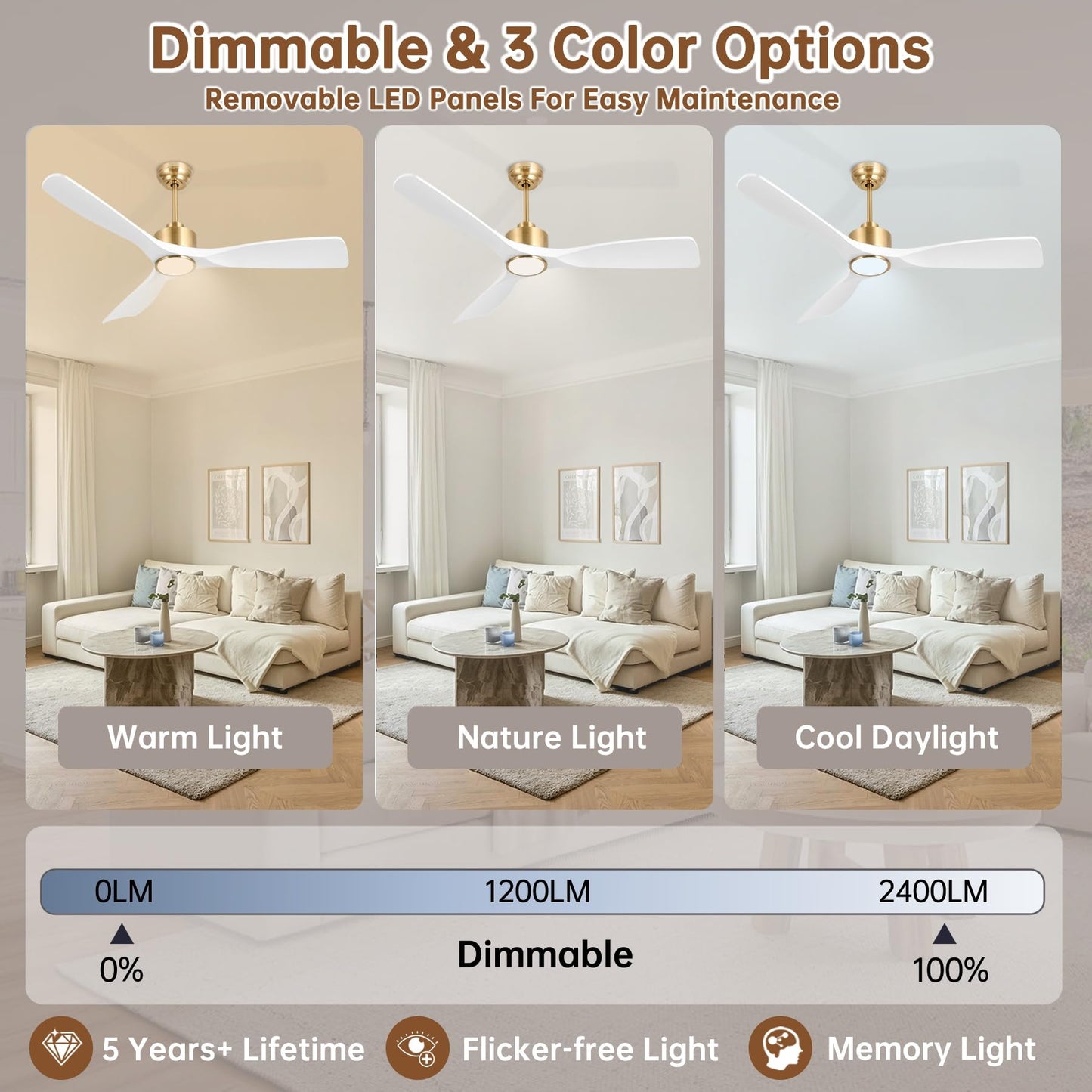 Ovlaim 52 Inch Smart Ceiling Fan with Light Remote, 6 Speed Quiet DC Motor High CFM, 3 Blade Modern White Gold Ceiling Fan for Bedroom Living Room, ETL Certified
