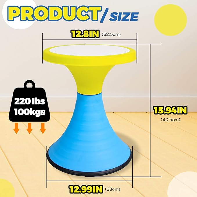 AOBOTE Kids Wobble Stool, 360° Rotatable Children Swivel Chair with Color Block Design, 100KG Load Bearing, for Home and Classroom Learning, Ages 6+ (Yellow)