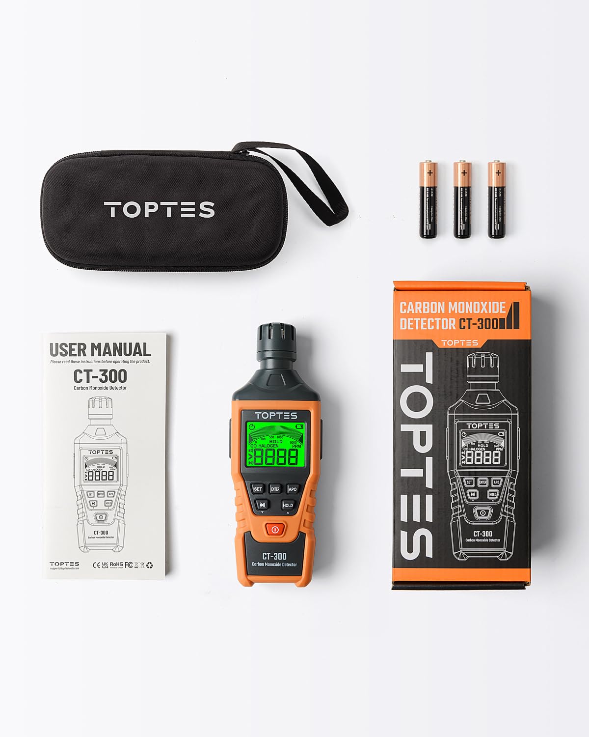 TopTes CT-300 Portable Carbon Monoxide Detector, CO Detector with Audible & Visual Alarm, 0-5000PPM, CO Alarm, Backlit LCD Screen, for Home, Car, Camping& Travel (Includes Battery x3) - Orange