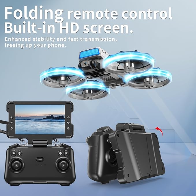 Foldable RC Drone with 1K HD Camera, Upgraded Foldable Remote with Detachable Lanyard, 2 Batteries & Carry Case - Safe Propeller Guard, 3D Flips, One-Key Takeoff/Landing, Ideal Gift for Beginners and Adults