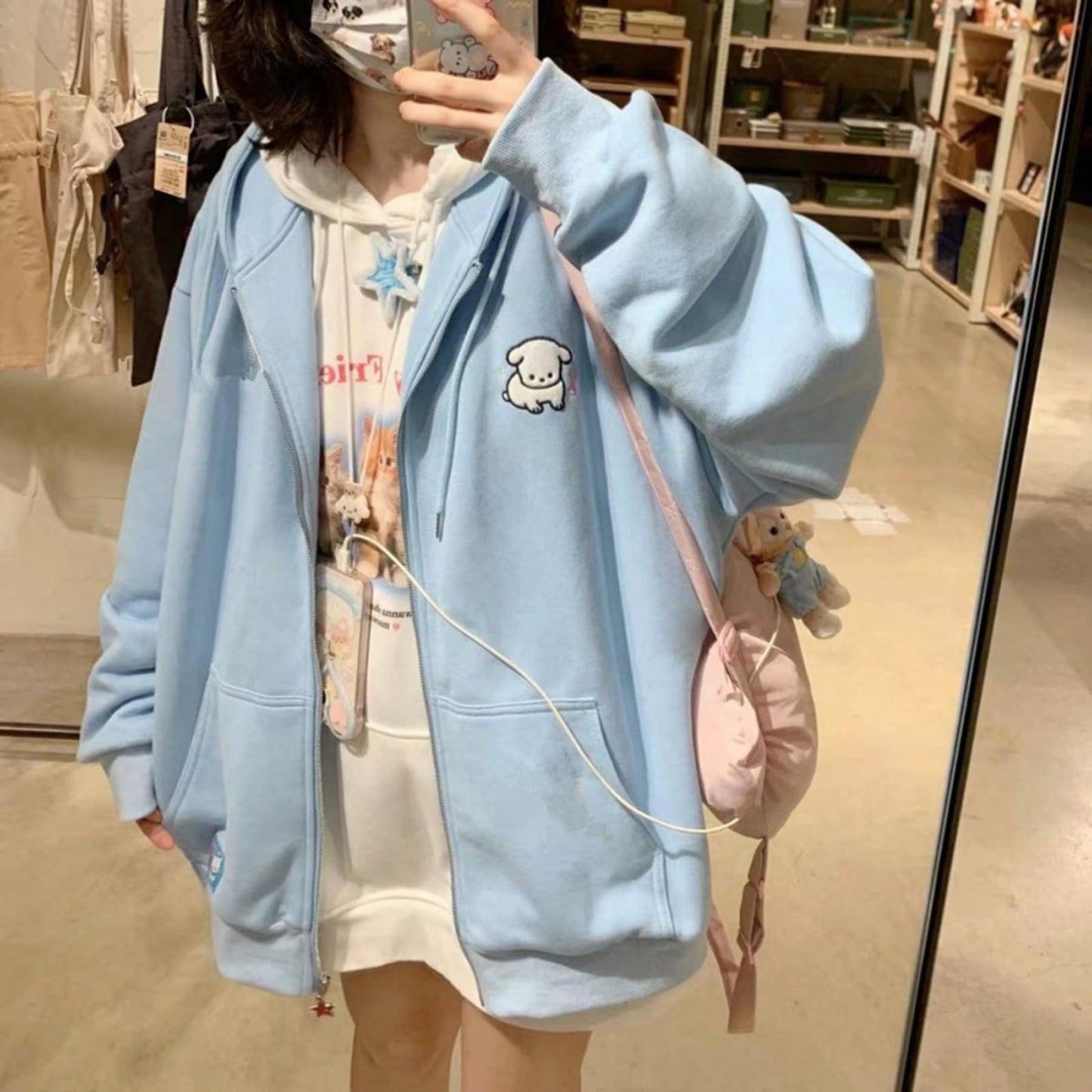 QJK Kawaii Clothes Cute Hoodie Y2k Jacket Zip Up Y2k Hoodies for Teen Girls Oversized Hoodie (Blue,S,Small)