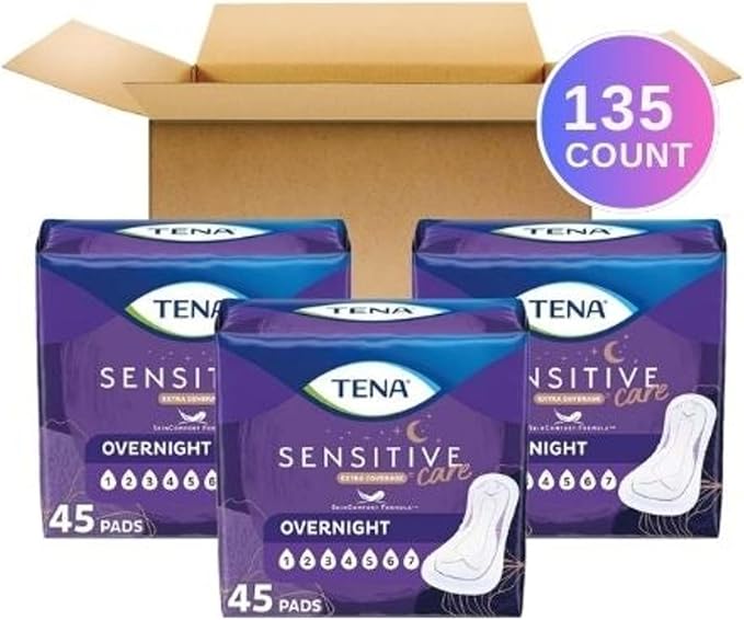 TENA Sensitive Care Incontinence Pads, Bladder Control, Postpartum for Women, Overnight Absorbency, Extra Coverage, 135 Count