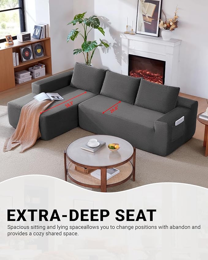 97" Cloud Sectional Couch,Modern Modular Sectional Sofa with Deep Seat,Corduroy Boneless Couches with L-Shape Chaise for Living Room Bedroom,No Assembly Required (Grey, 97" Left Facing Chaise)