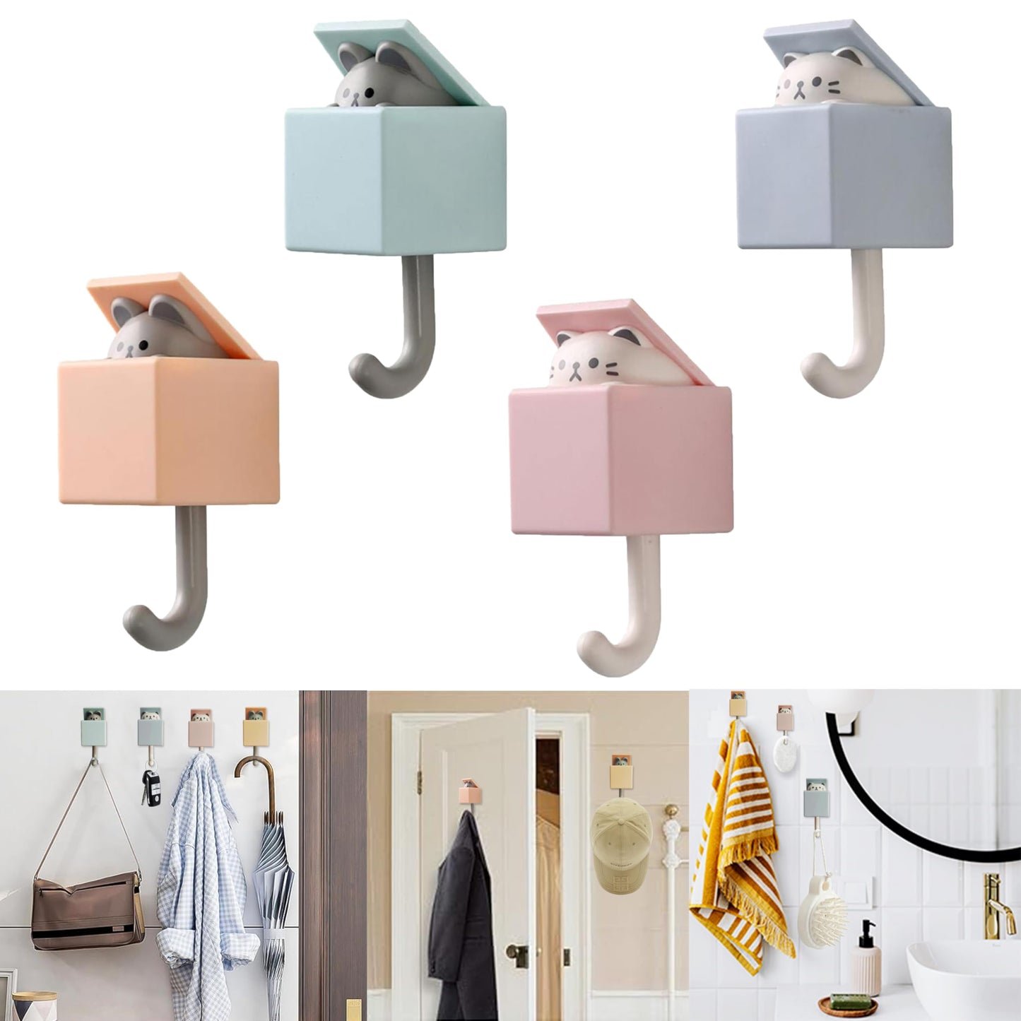 FUZSKWID 4Pcs Cute Self Adhesive Wall Hooks for Hanging -Max Load 10LB,Utility Heavy Duty Hook for Coat, Towel,Scarf, Hat, Robes,Key and Other Items,Creative Kawaii Room Decorative Cat Hook