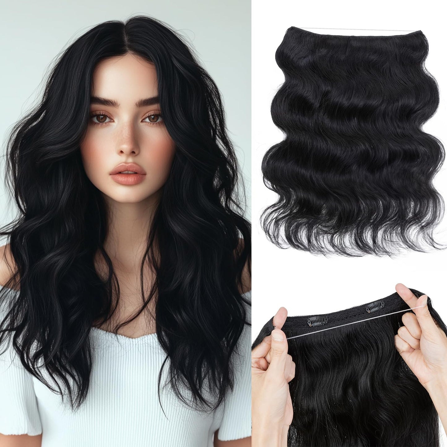 S-noilite Wavy Halo Hair Extensions Real Human Hair,20Inch Invisible Wire Hair Extensions,2 Clips Halo Extensions for Women(Jet
