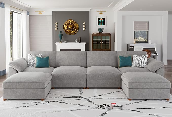 EASE MOOSE Oversized U Shape Sectional Modular Sofa,Wide Deep seat Sectional Sofa,FSC Certified Comfortable Chenille Grey Cloud Modular Sofa