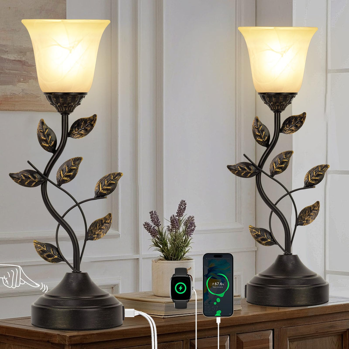 Bedside Lamps Set of 2, 20 Inch Retro Style Table Lamp for Bedroom Touch Control 3-Way Dimmable with USB C+A Charging Ports, Torchiere Lamps for Night Stands Metal Leaf and Glass Shade, Bulbs Included