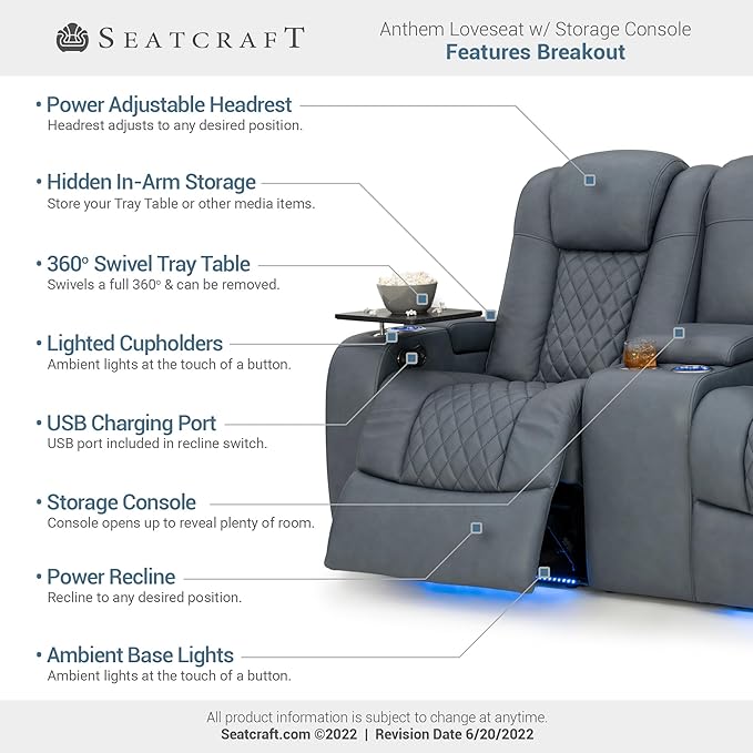 Seatcraft Anthem Italian Leather Sofa w/Fold-Down Table & Loveseat w/Storage Console, Living Room, Power Headrest, Power Recline, Smokey Blue