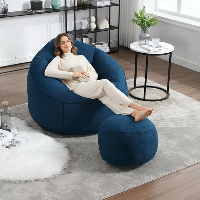 Bean Bag Chairs, Gaint Bean Bag Couch with Memory Foam for Adults and Kids, Microfiber Upholstered Sofa with Ottoman, Comfy Lazy Bean Bag Reading Chair for Living Room