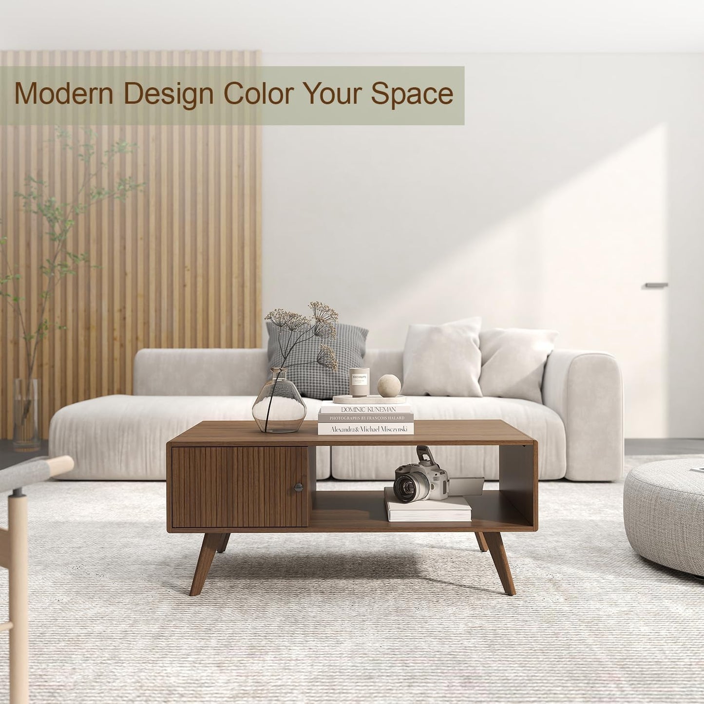 Manora Mid Century Modern Coffee Table with Storage Cabinet and Open Shelf, Wooden Living Room Table with Fluted Drawer and Solid Wood Legs, Walnut Finish Center Table for Small Spaces