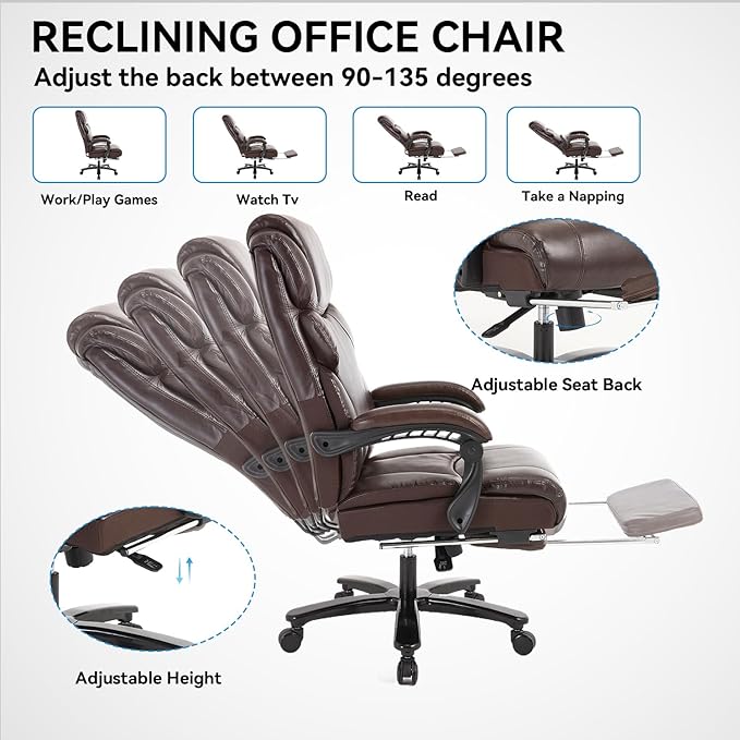 KCREAM 550lbs Heavy Duty Office Chair with Wide Seat,Big and Tall Executive Office Chair,Ergonomic Reclining Desk Chair with Footrest,PU Leather Computer Chair for Home and Office Use,Brown