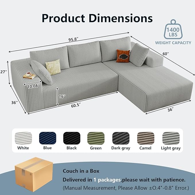 96" Cloud Sectional Couch with L-Shape Chaise, Modern Corduroy Boneless Couch for Living Room,Memory Foam Sofa with Deep Seat,No Assembly Required (Grey,Right-Facing Chaise)