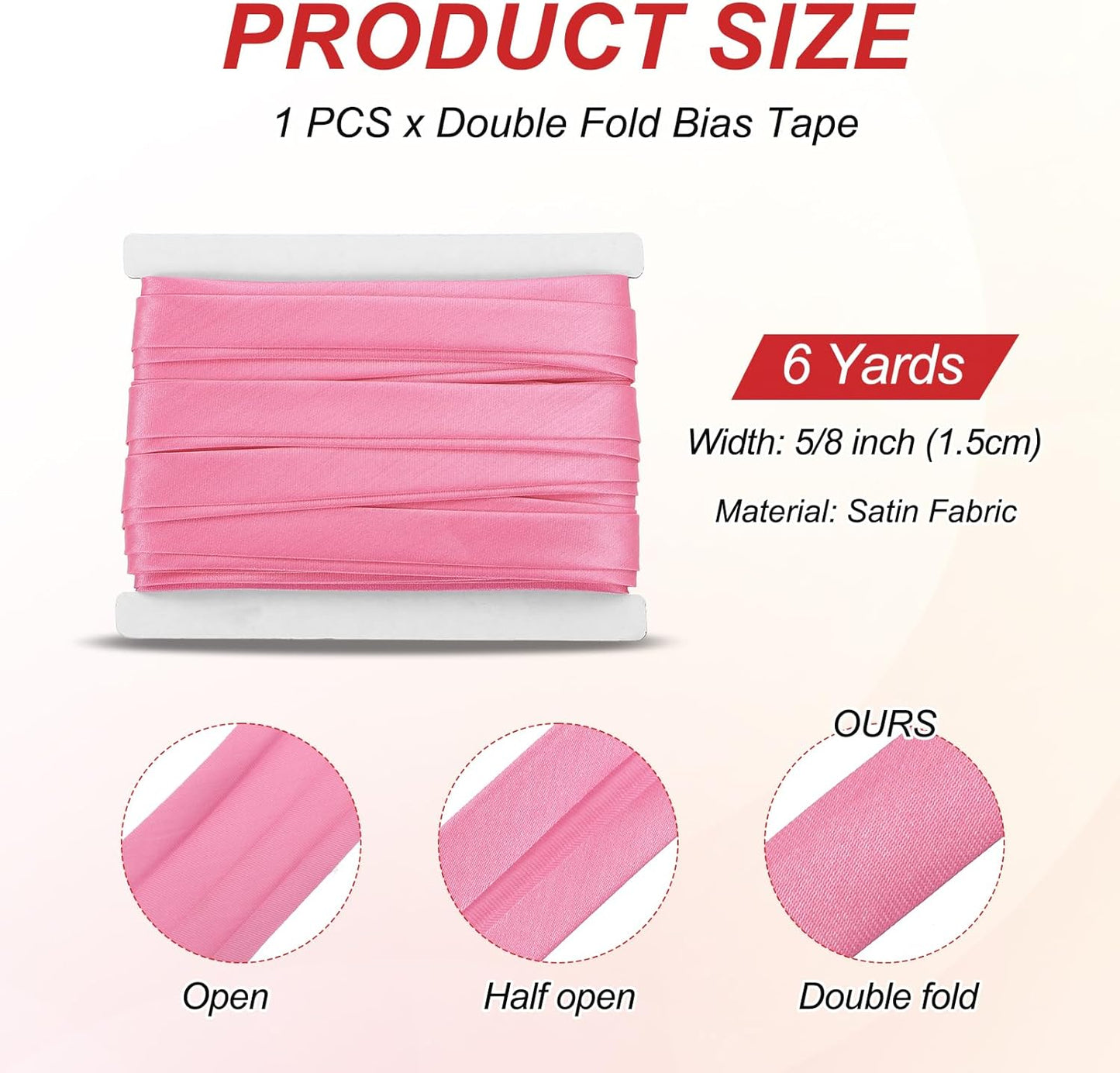 MECCANIXITY Double Fold Bias Tape for Sewing 5/8 Inch x 6 Yards Satin Pre-fold Continuous Binding Tape for Seaming Quilting Hemming Binding DIY Crafts, Pink