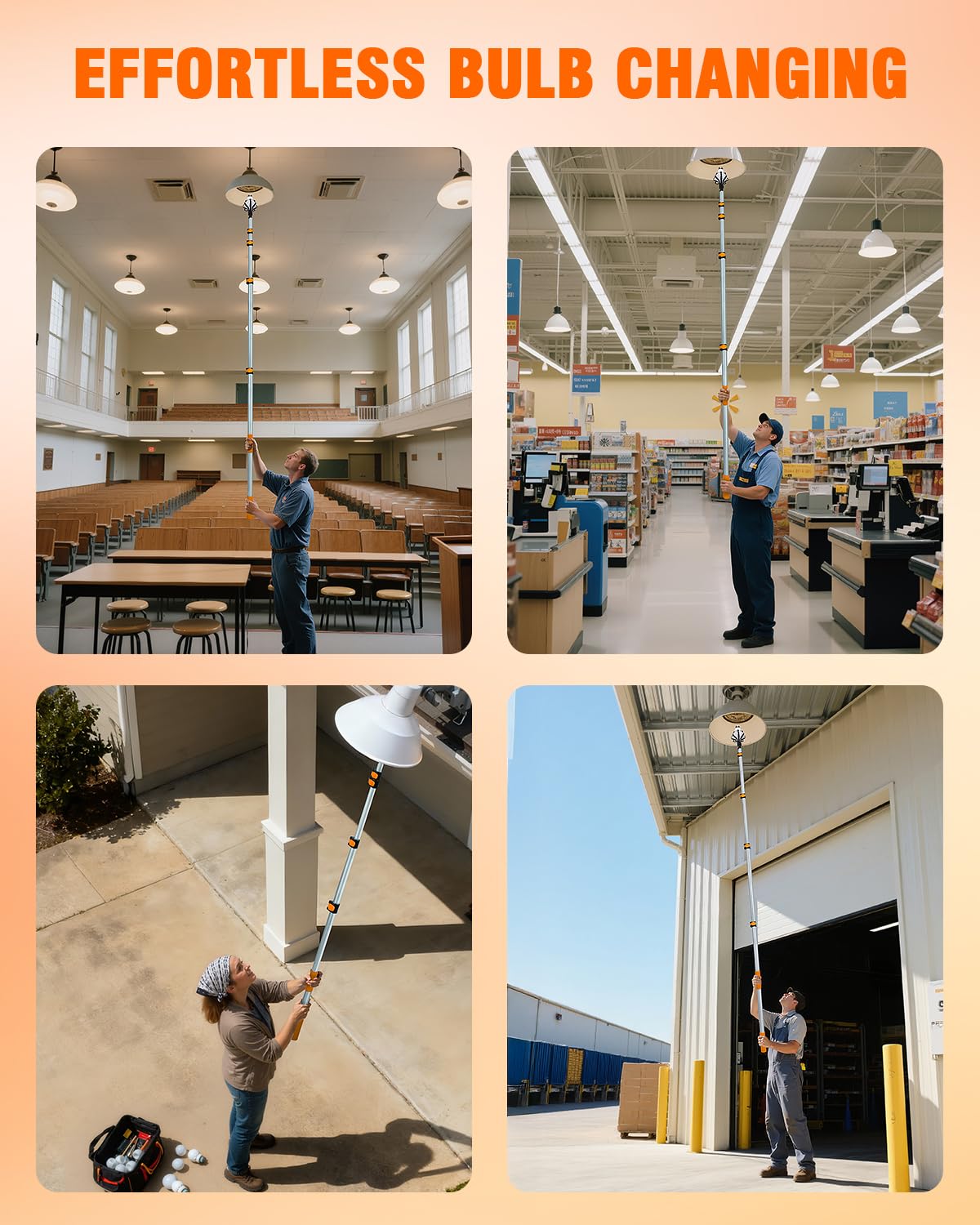 Lupar Light Bulb Changer Pole Kit 3 FT to 20 FT Telescoping Extension Pole with 2 Baskets and Suction Cup for High Ceilings and Recessed Lights Lightbulb Tool Removal Changing