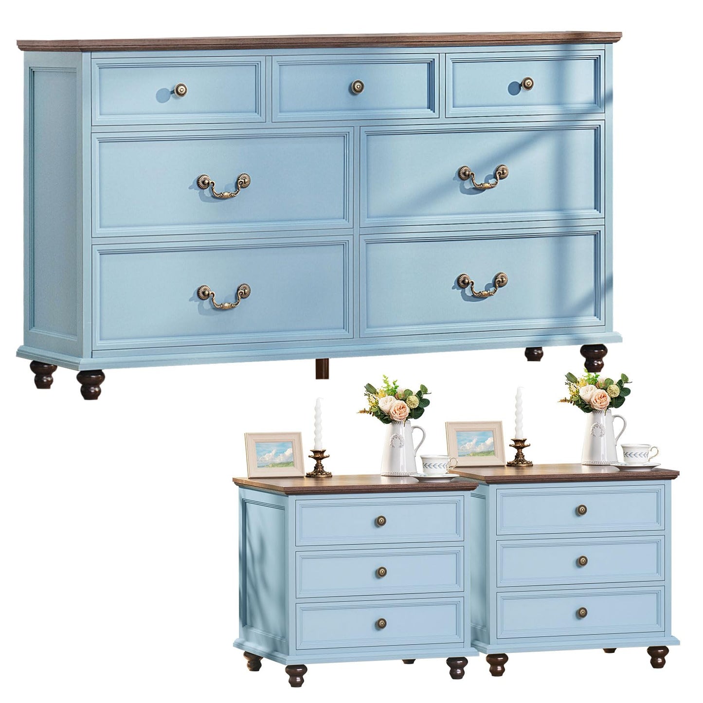 Joaxswe Farmhouse Dresser and Nightstand Sets 3 Piece, Nightstands Set of 2 and 7 Drawers Dresser for Bedroom, 54" Wide Dresser and 24" Inch Night Stand Set for Bedroom, Living Room, Hallway