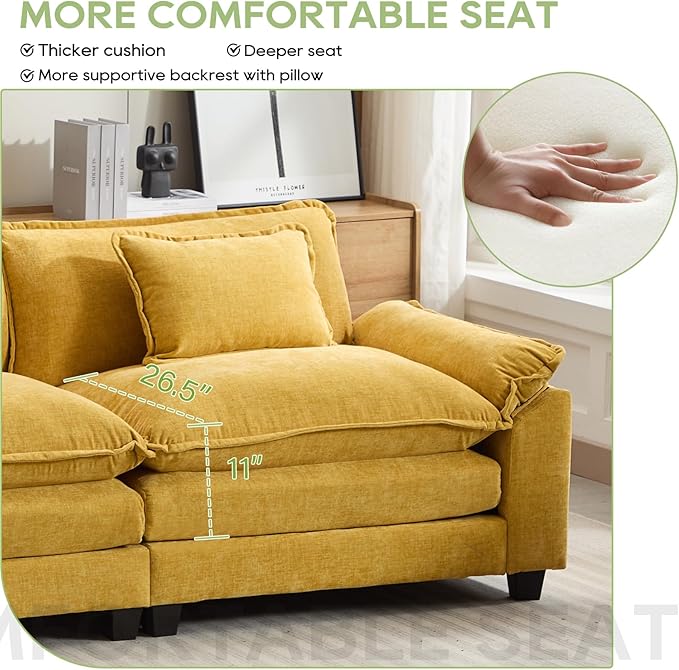 Oprisen 86" Modular Sectional Sofa, Comfy Cloud Couch Sectional Sofa, Chenille Sofa Sleeper Deep Seat Sofa with Throw Pillows for Living Room (Yellow, 86"- Loveseat)