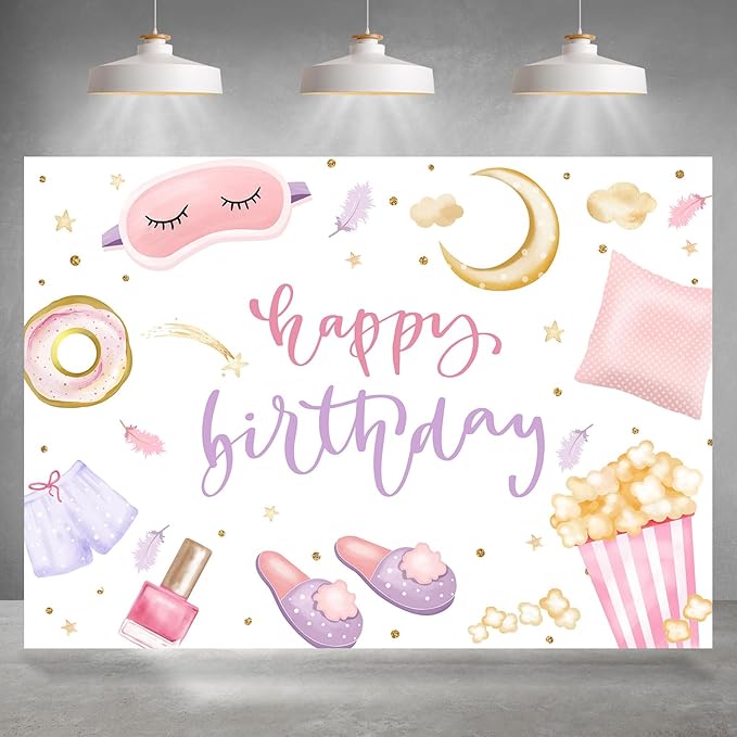 Rsuuinu Happy Birthday Backdrop Sleepover Party Pajamas Pillow Fight Photography Background Pink Girls Birthday Slumber Pa...