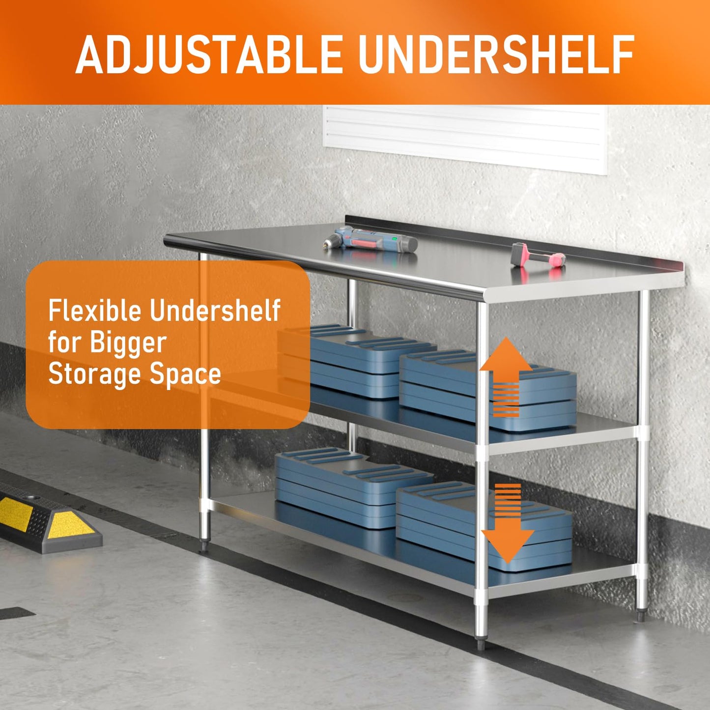 HOCCOT Stainless Steel Prep Table 24" X 60" with 2 Adjustable Undershelves, Backsplash and Wheels, Commercial Metal Workstations for Kitchen, Garage, Outdoor BBQ