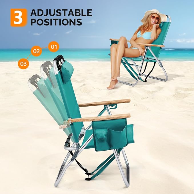 VINGLI Aluminum 13" Backpack Beach Chair – Tall Beach Chairs for Adults, Portable with Adjustable Straps, 3-Position Reclining, Cup Holder, High Lightweight Beach Chairs for Beach