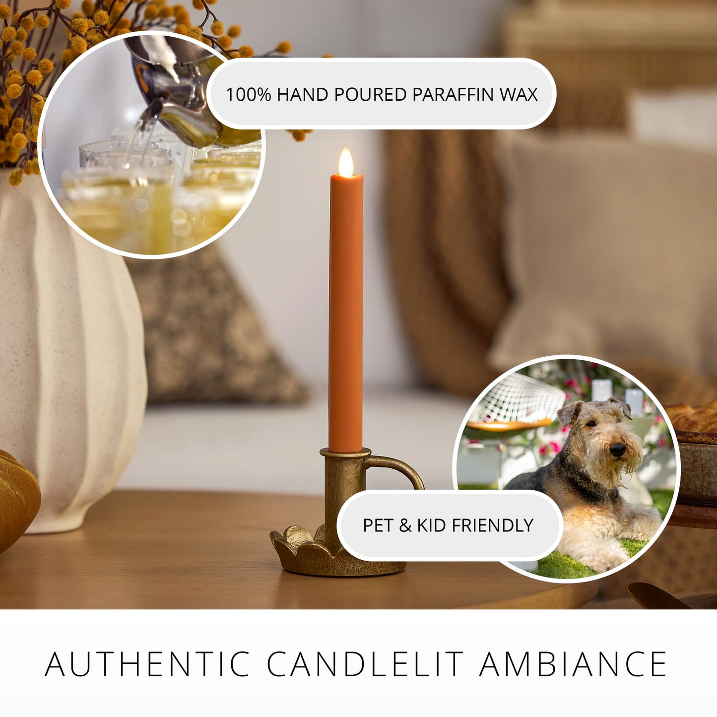 Luminara Marmalade Taper, 1" x 9.5" Battery Operated Flameless Candle, Flickering White LED Light Flame, Timer Switch, Remote Ready Decor for Halloween Fall Indoor Candlestick Decoration, Real Wax