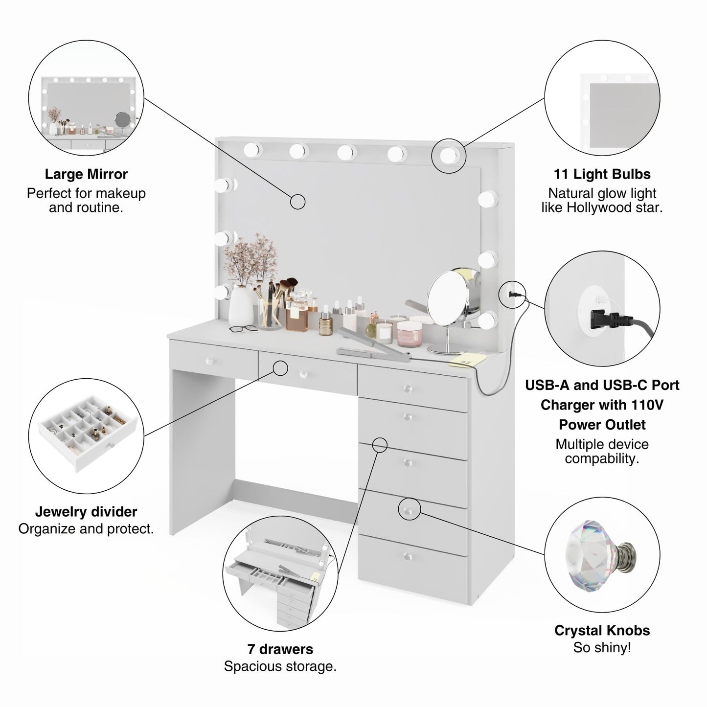Boahaus Diana Premium White Makeup Vanity Desk with New Built-in Lights, 7 Drawers, USB Type-C & Type-A Ports, 110V Power Outlet, and Crystal Knobs – Upgraded Vanity Table for Bedroom