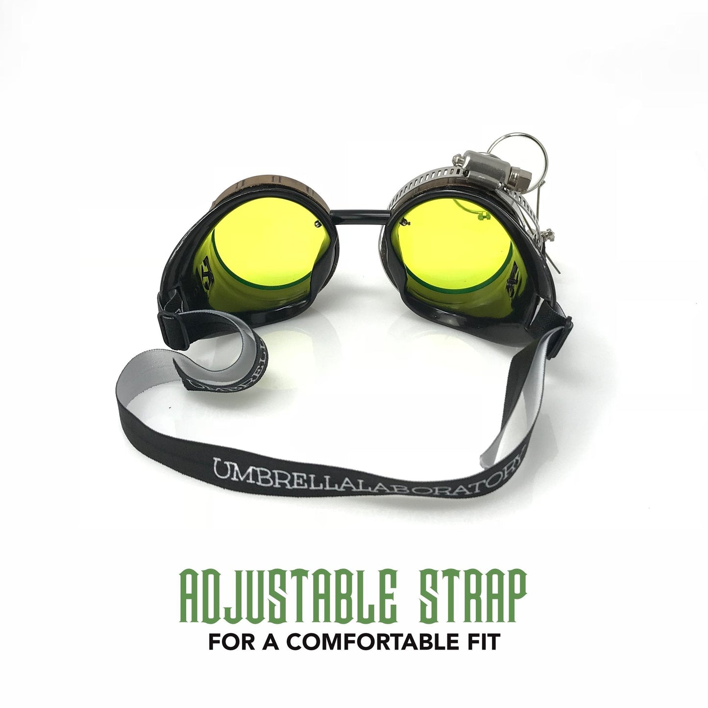 UMBRELLALABORATORY Steampunk Victorian Style Goggles with Compass Design, Neon Green Lenses & Ocular Loupe