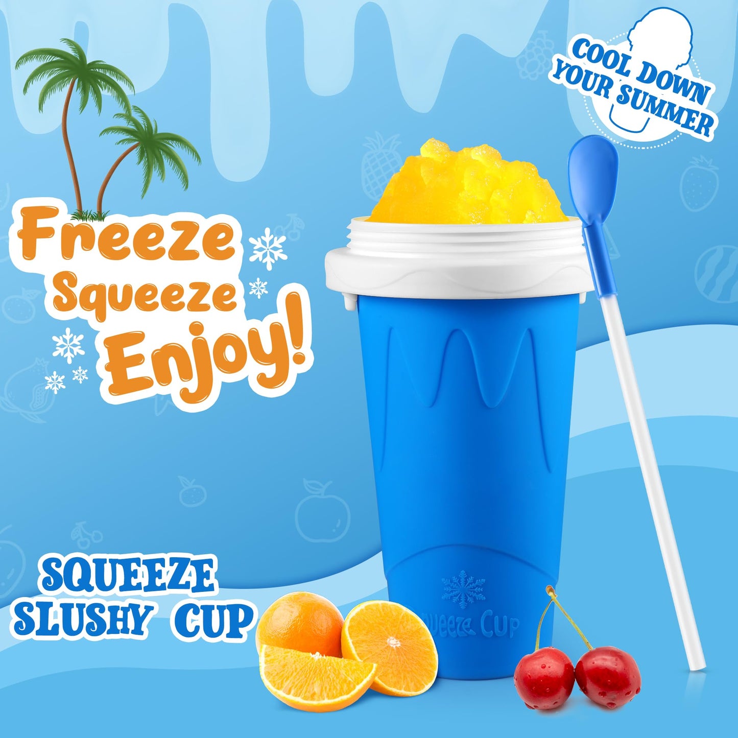 3 Pack Slushy Cup, Slushie Maker Cups, Magic Quick Frozen Squeeze Cups for Ice Cream Juice Milk Yogurt, DIY Smoothie Cooling Cup with Lid and Straw for Kids Friends Family (Blue Pink Green)