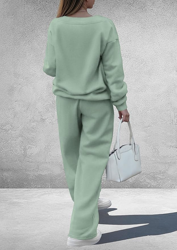 PRETTYGARDEN Casual Winter Two Piece Sets for Women 2026 V Neck Sweatshirt Loose Wide Leg Pants Tracksuit Knit Fall Outfits