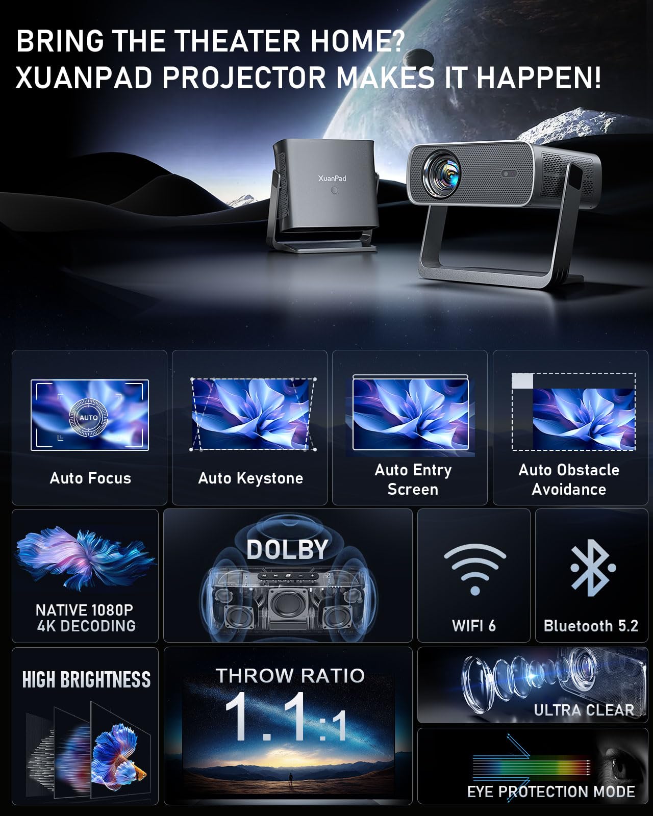 [Officially-Licensed App & Auto Focus] Light Grey Smart Standard Projector with WiFi and Bluetooth, XuanPad 4K Support Movie Projector, Portable Native 1080P Outdoor Projector with 360° Stand