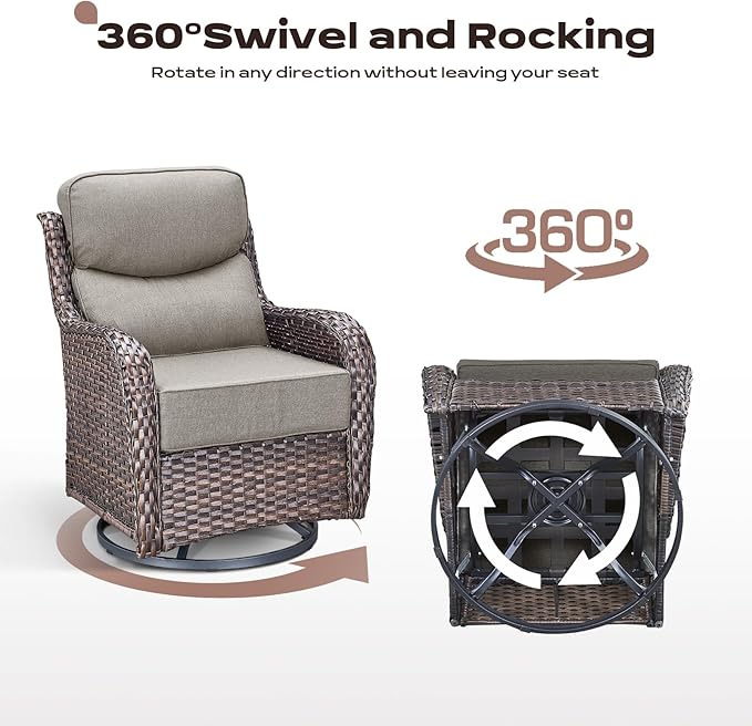 Rilyson Outdoor Swivel Rocker Chairs - All Weather Resistant Wicker Patio Furniture Set of 4 with High Back and 6 inch Thick Cushions for Deck Porch Yard and Poolside, Brown/Beige