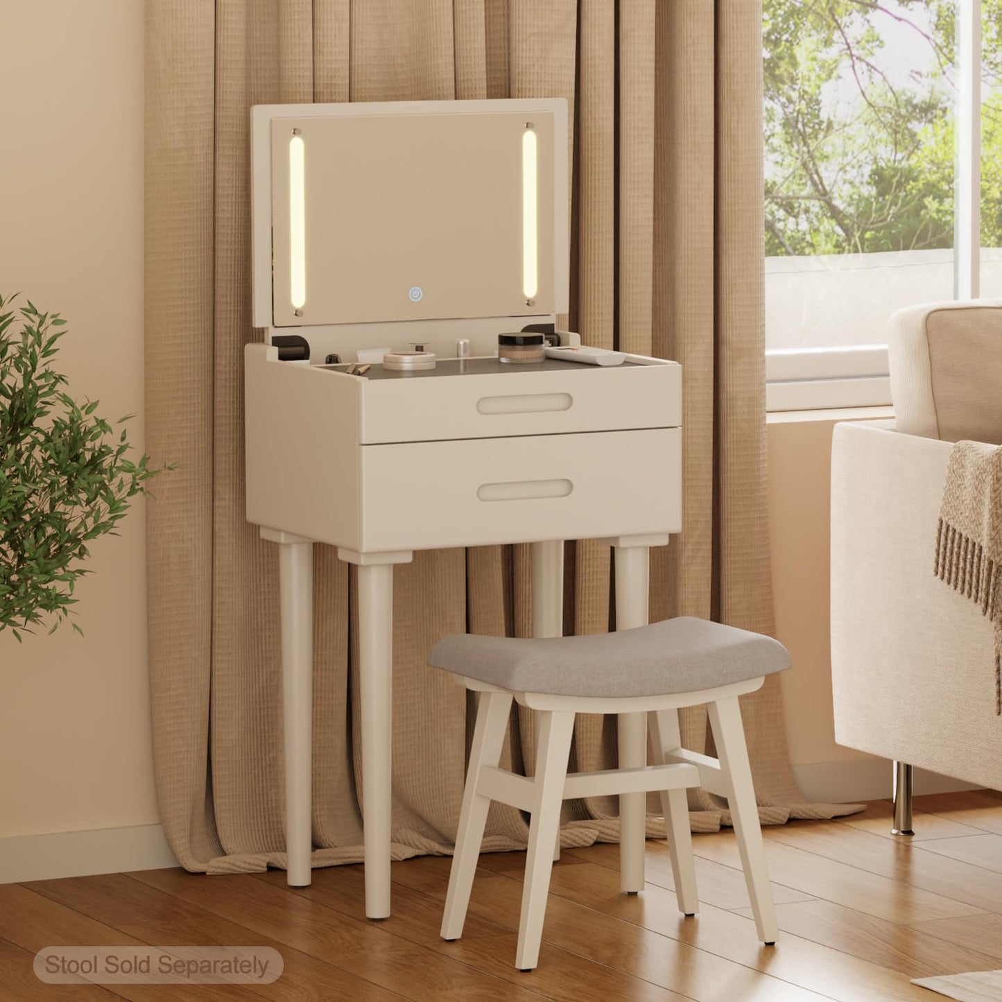 Muwuele Solid Wood Small Vanity Desk with Flip Top Mirror, Brightness Adjustable Lights, Compact Vanity with Glass Top and Drawers, Slim Dressing Table for Small Space, Bedroom, Living Room, White