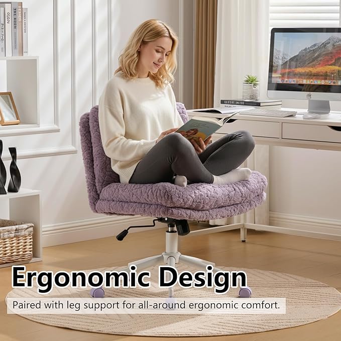 Cross Legged Office Chair with Wheels, Comfy Armless Office Chair with Extra-Deep Seat & 2-Layer Cushions, Adjustable Height, Tilt-Back Swivel Faux Fur Vanity Chair for Home Office, Violet
