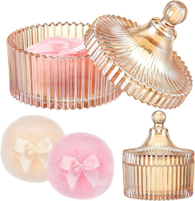 Tioncy 3 Pcs Large Body Powder Puff and Container Valentine's Day gift Powder Container with Puff Crystal Case Soft Washab...