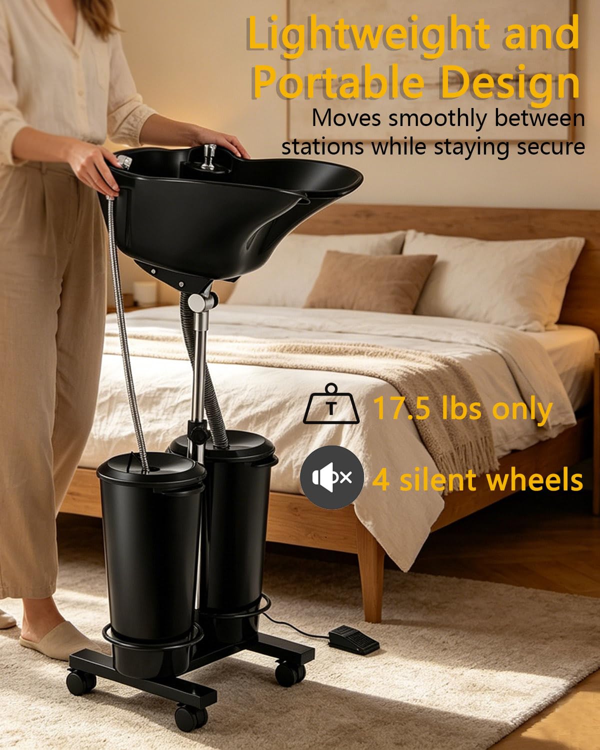 Artist hand Portable Shampoo Bowl with Electric Pump, Portable Hair Washing Sink for Home & Barber, Adjustable Height, Dual-Bucket Design, Drain Hoses, High-Pressure Sprayer, Foot Pedal Switch, Black