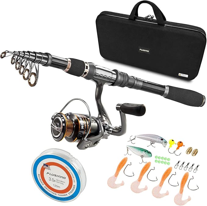 PLUSINNO Fishing Rod, Telescopic Fishing Rod and Reel Combo, Collapsible Travel Fishing Pole Rod Starter Kit, Carbon Fiber...
