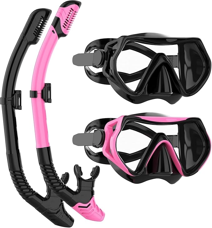 Snorkeling Gear for Adults, JRing Snorkel Mask Set with 180 Degree Tempered Glass Anti Fog Goggles Scuba Dry Top Snorkel f...