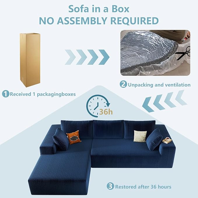 96" Cloud Sectional Couch with L-Shape Chaise, Modern Corduroy Boneless Couch for Living Room,Memory Foam Sofa with Deep Seat,No Assembly Required (Blue,Left-Facing Chaise)