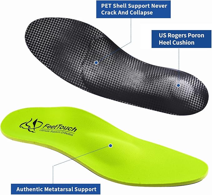 FeetTouch Strong Arch Support Orthotics for Metatarsalgia, Morton's Neuroma, Ball of Foot Pain Relief, Plantar Fasciitis, Flat Feet with Poron Heel Cushion, Unisex, Lemon Green