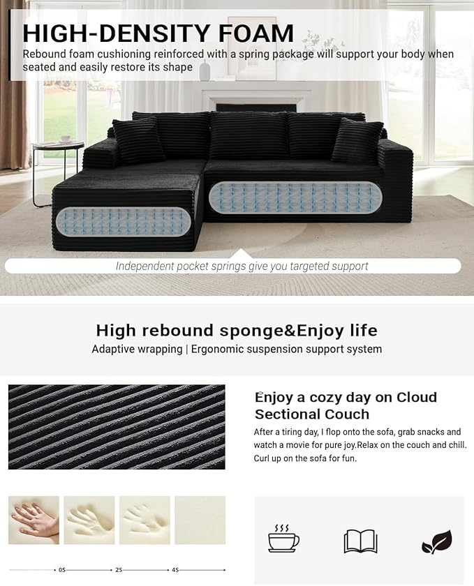 Vanress Cloud Couch Sectional, Corduroy Boneless Couch with L-Shape Chaise, Modern Modular Sectional Sofa Comfy Deep Seat for Living Room, Bedroom, No Assembly (Black, Left Facing Chaise)