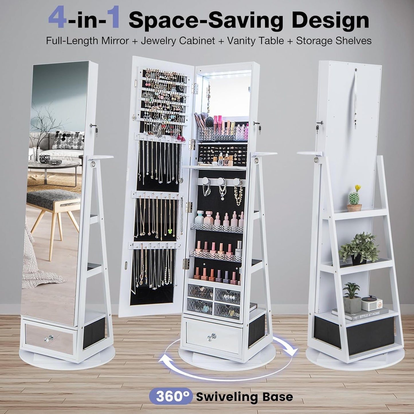 Byroce 360° Rotating Jewelry Armoire with Full Length Mirror, Lockable Jewelry Cabinet w/6 LED Lights, Hairdryer Rack, Rear Storage Shelves & Bottom Drawer, Standing Jewelry Organizer (White)
